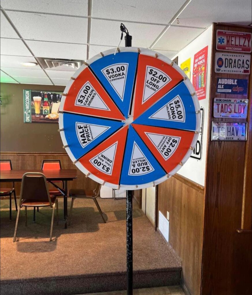 A graphic of a wheel marked with drink specials.